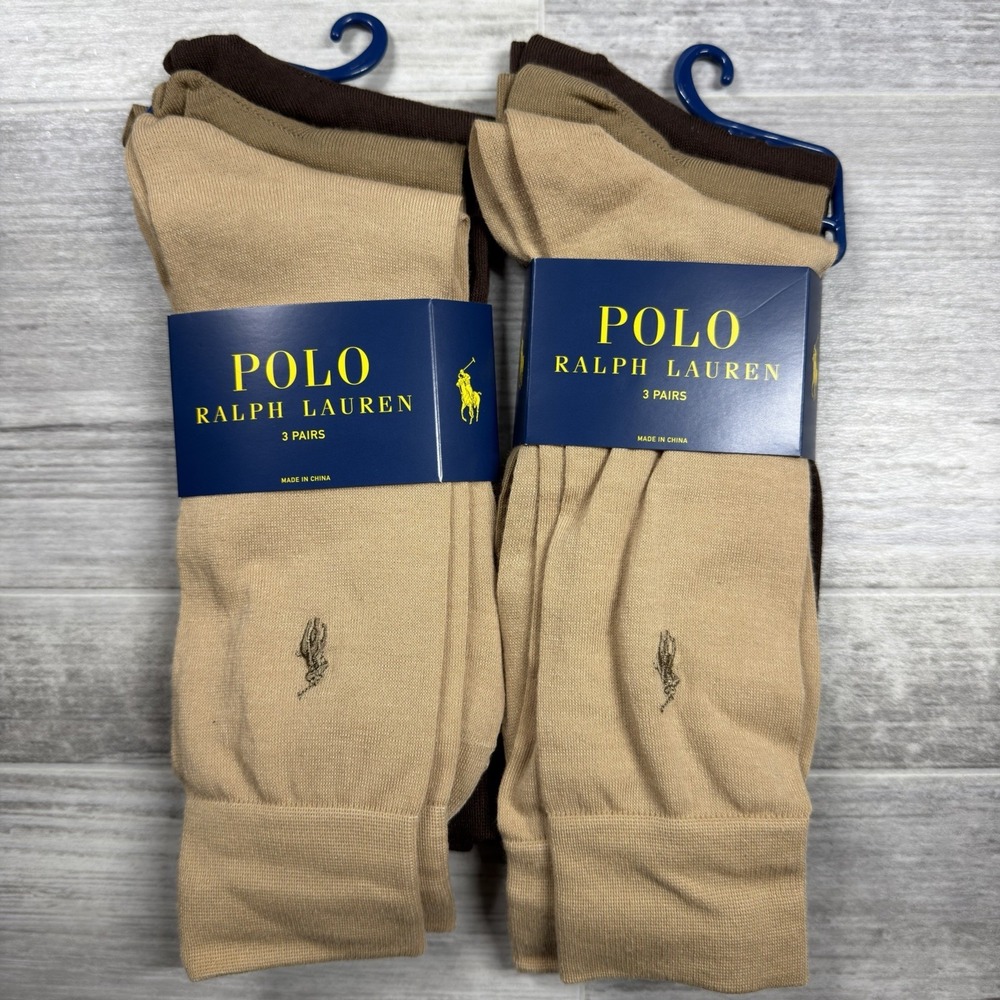 Polo Ralph Lauren Men's Dress Socks 3 Pair Beige Brown 10-13 Crew Socks Lot of 2